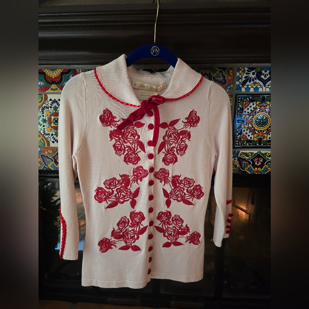 White Cardigan with Red Floral Embroidery